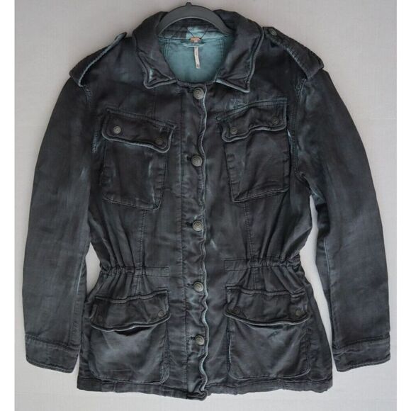 Free People OB610284 Women Sz M Charcoal Blue Double Cloth Military Jacket - Picture 8 of 13